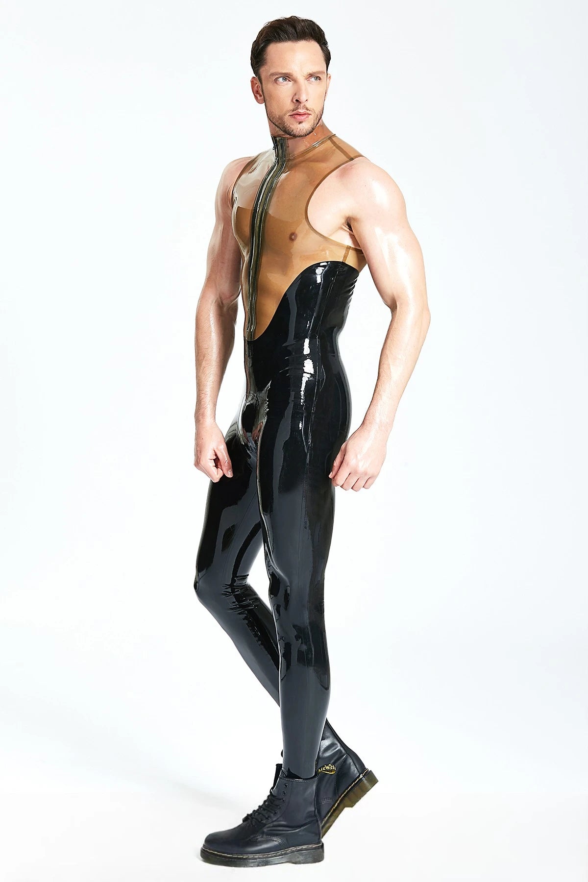 Black Male Sleeveless Muscle Latex Catsuit