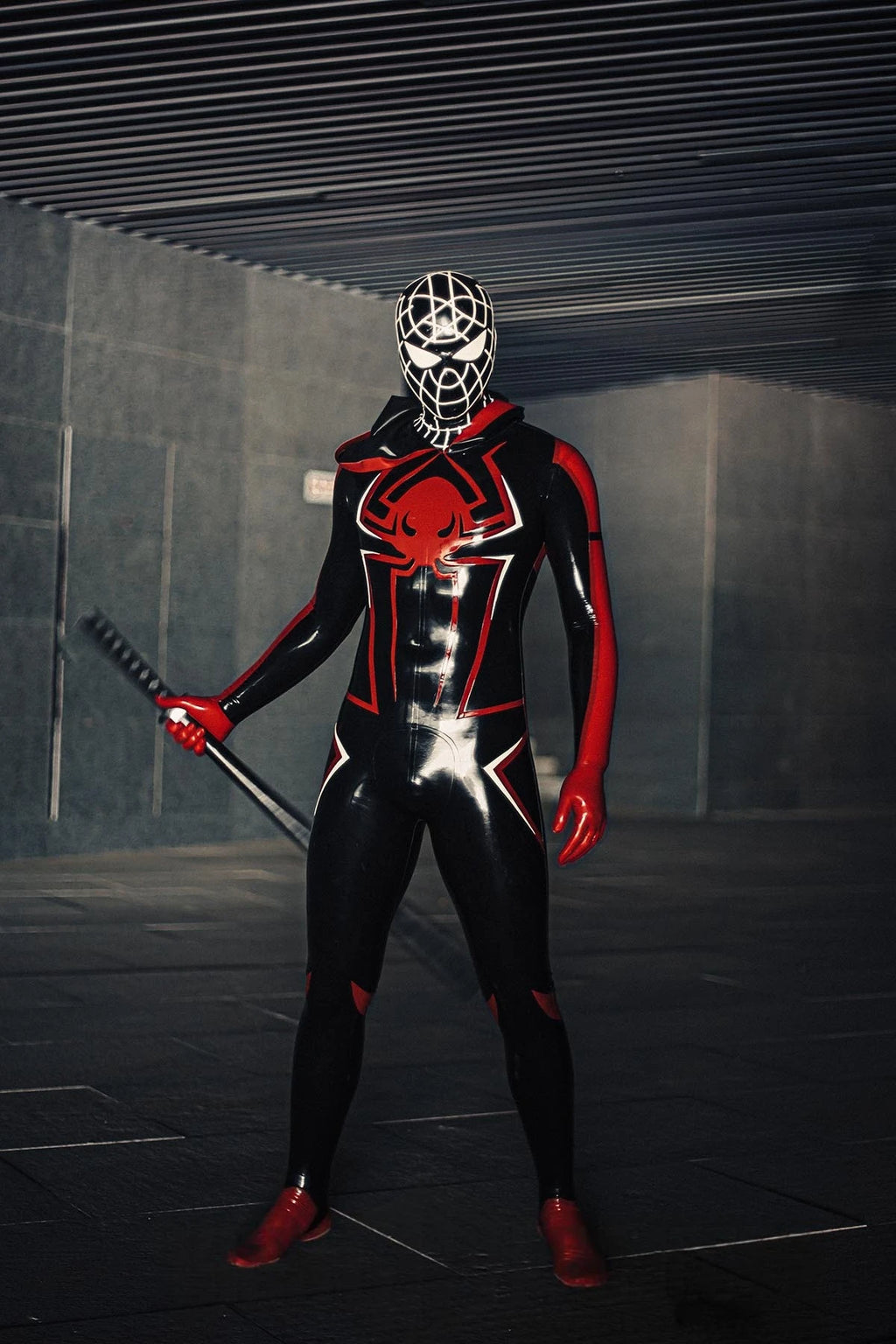 Black Male 'Spidey Warrior' Black Latex Hooded Latex Catsuit