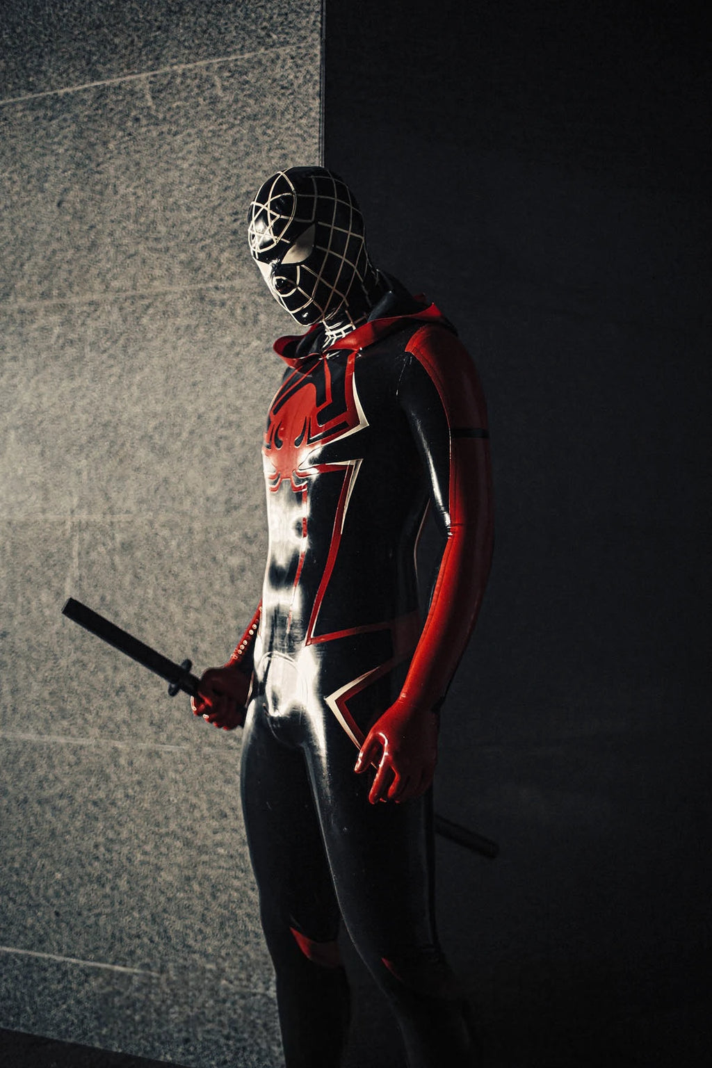 Black Male 'Spidey Warrior' Black Latex Hooded Latex Catsuit