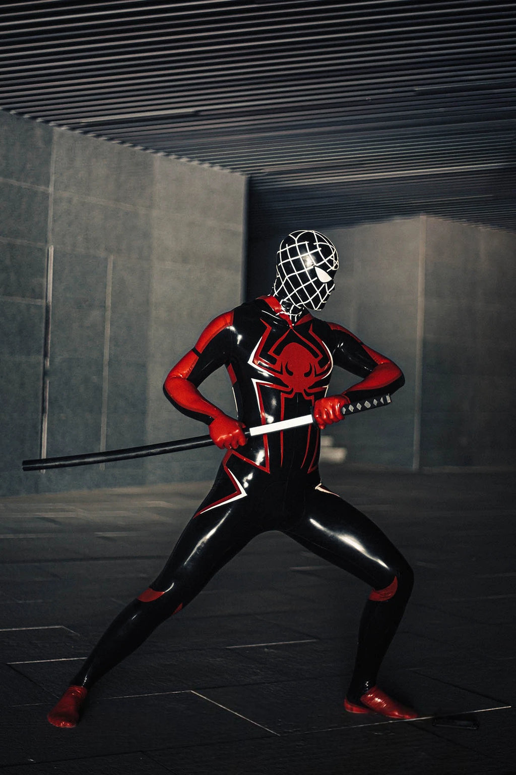 Black Male 'Spidey Warrior' Black Latex Hooded Latex Catsuit