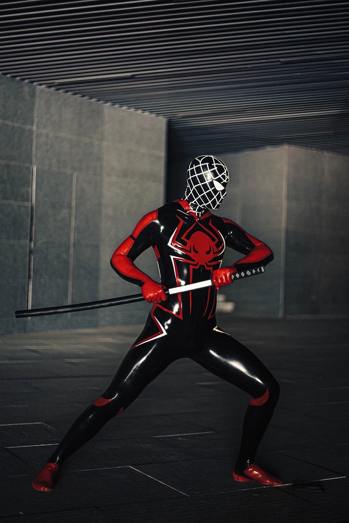 Black Male 'Spidey Warrior' Black Latex Hooded Latex Catsuit