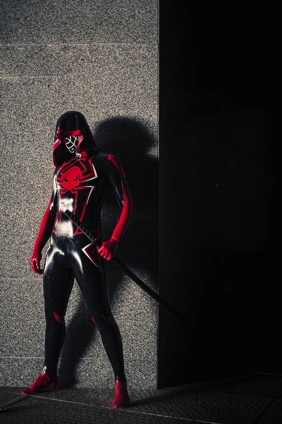 Black Male 'Spidey Warrior' Black Latex Hooded Latex Catsuit
