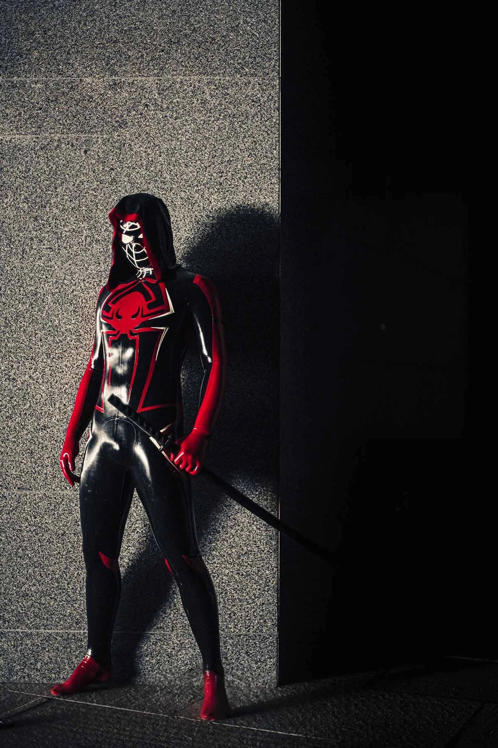 Black Male 'Spidey Warrior' Black Latex Hooded Latex Catsuit
