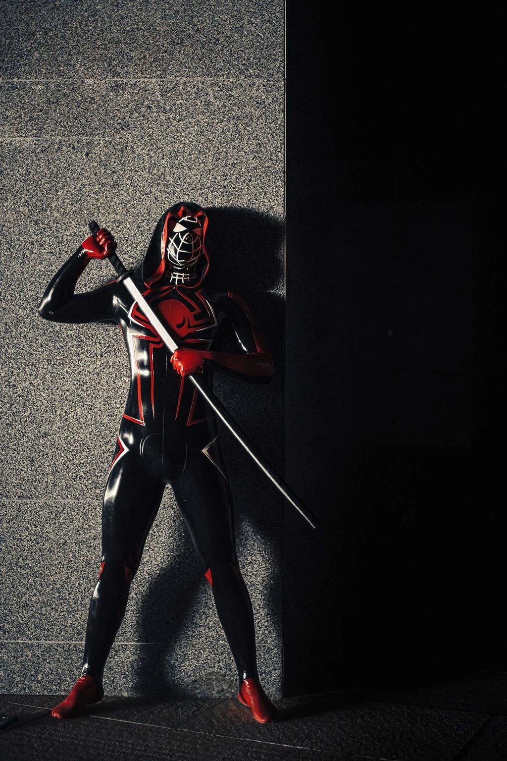Black Male 'Spidey Warrior' Black Latex Hooded Latex Catsuit