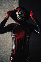 Black Male 'Spidey Warrior' Black Latex Hooded Latex Catsuit