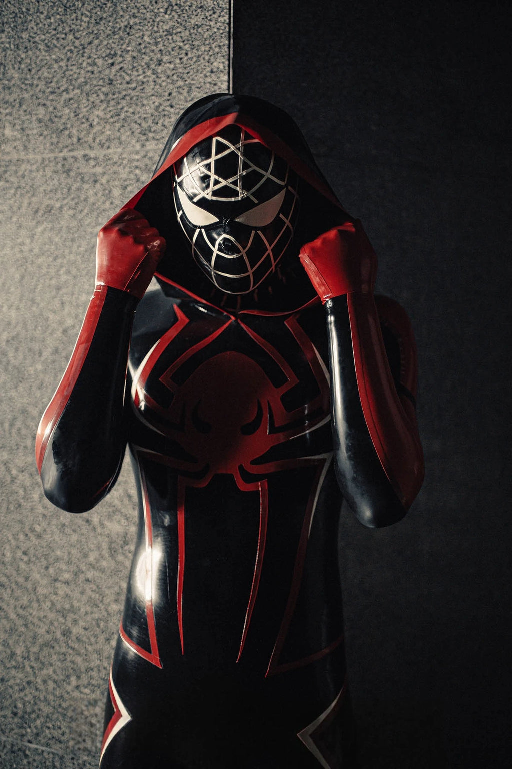 Black Male 'Spidey Warrior' Black Latex Hooded Latex Catsuit