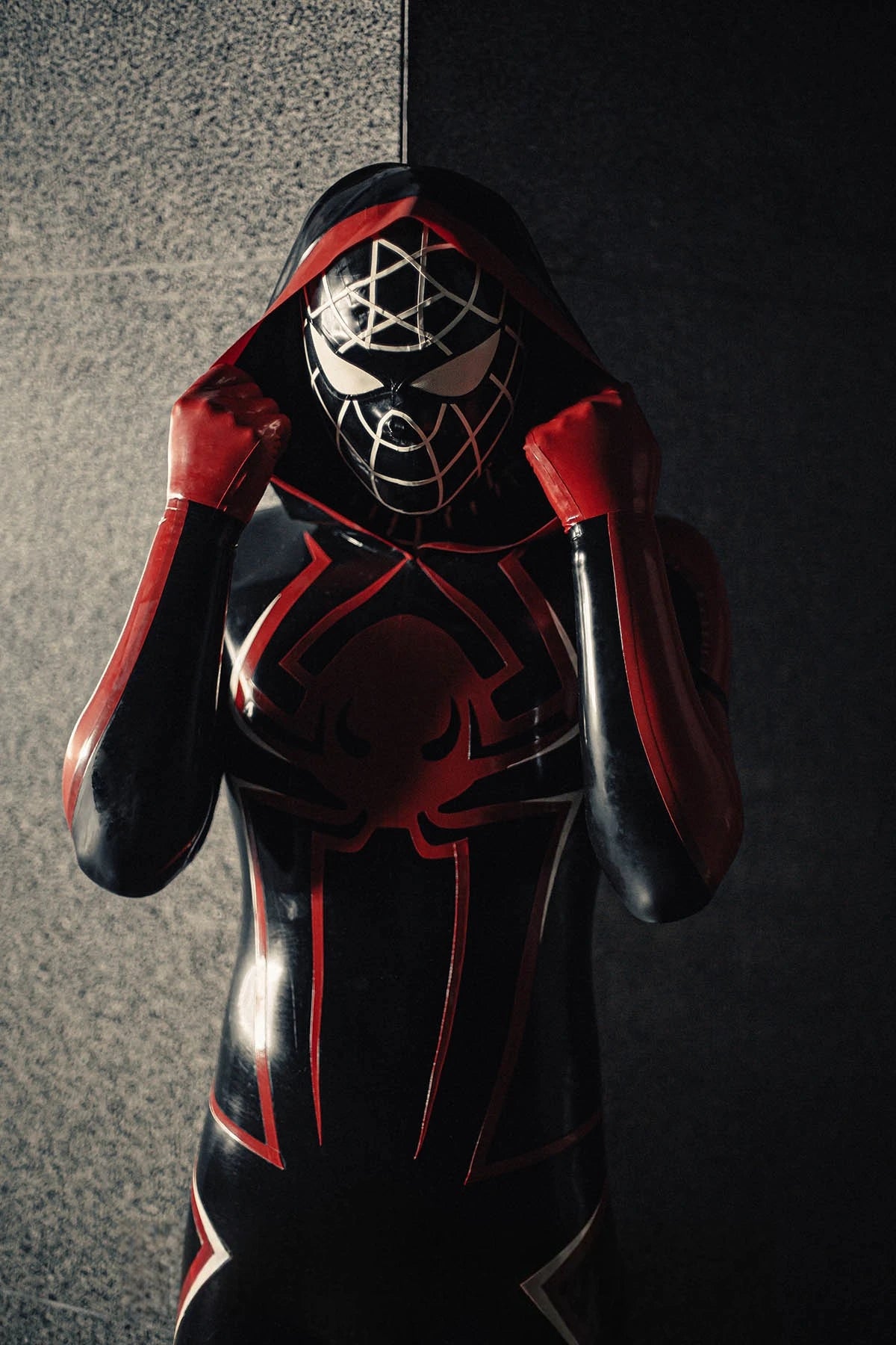 Black Male 'Spidey Warrior' Black Latex Hooded Latex Catsuit