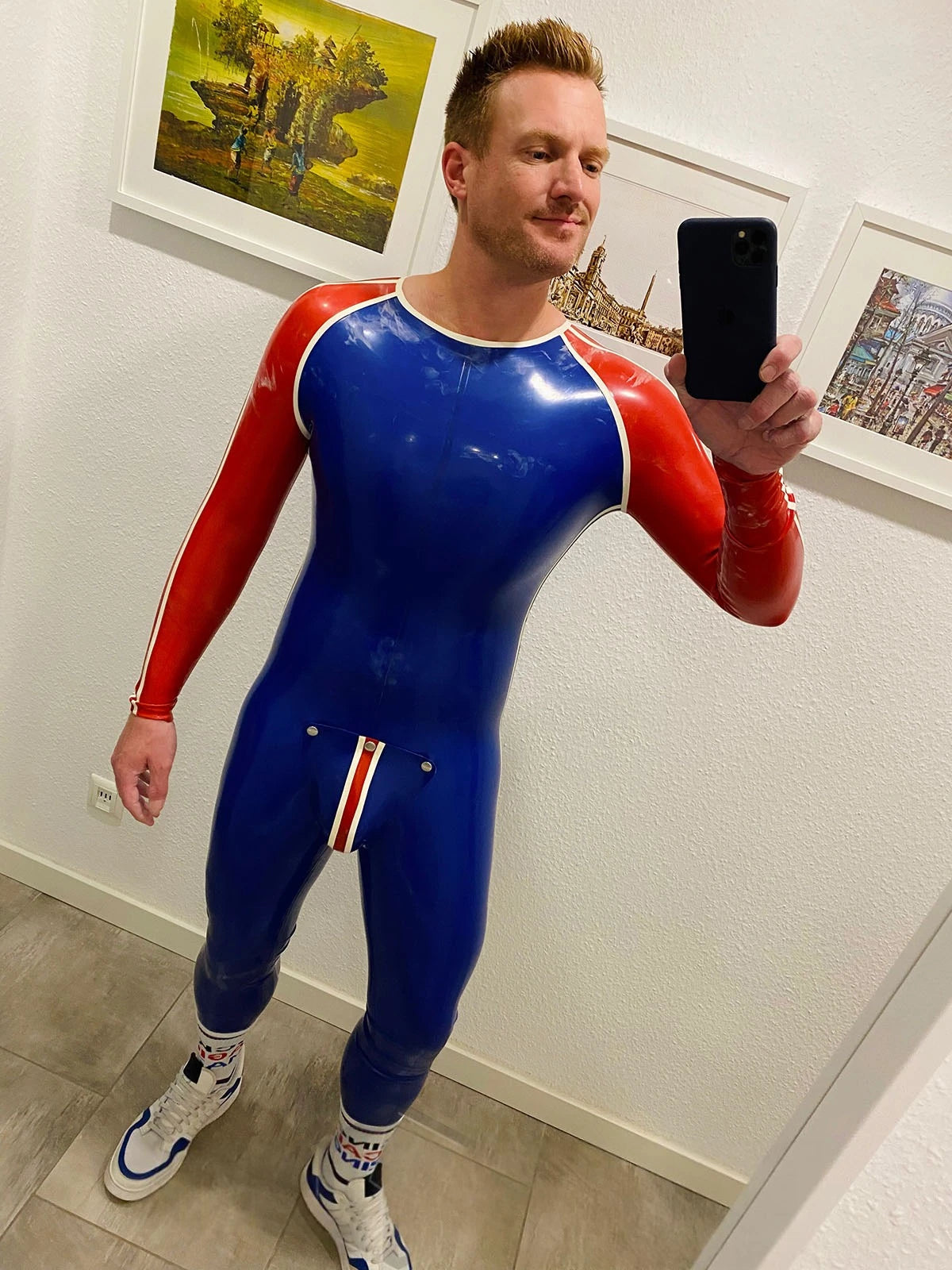 Royal Blue Latex Male 'Sportsman' Round Neck With Codpiece