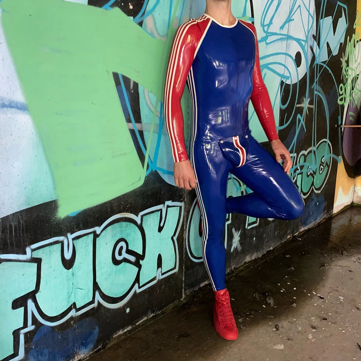 Royal Blue Latex Male 'Sportsman' Round Neck With Codpiece