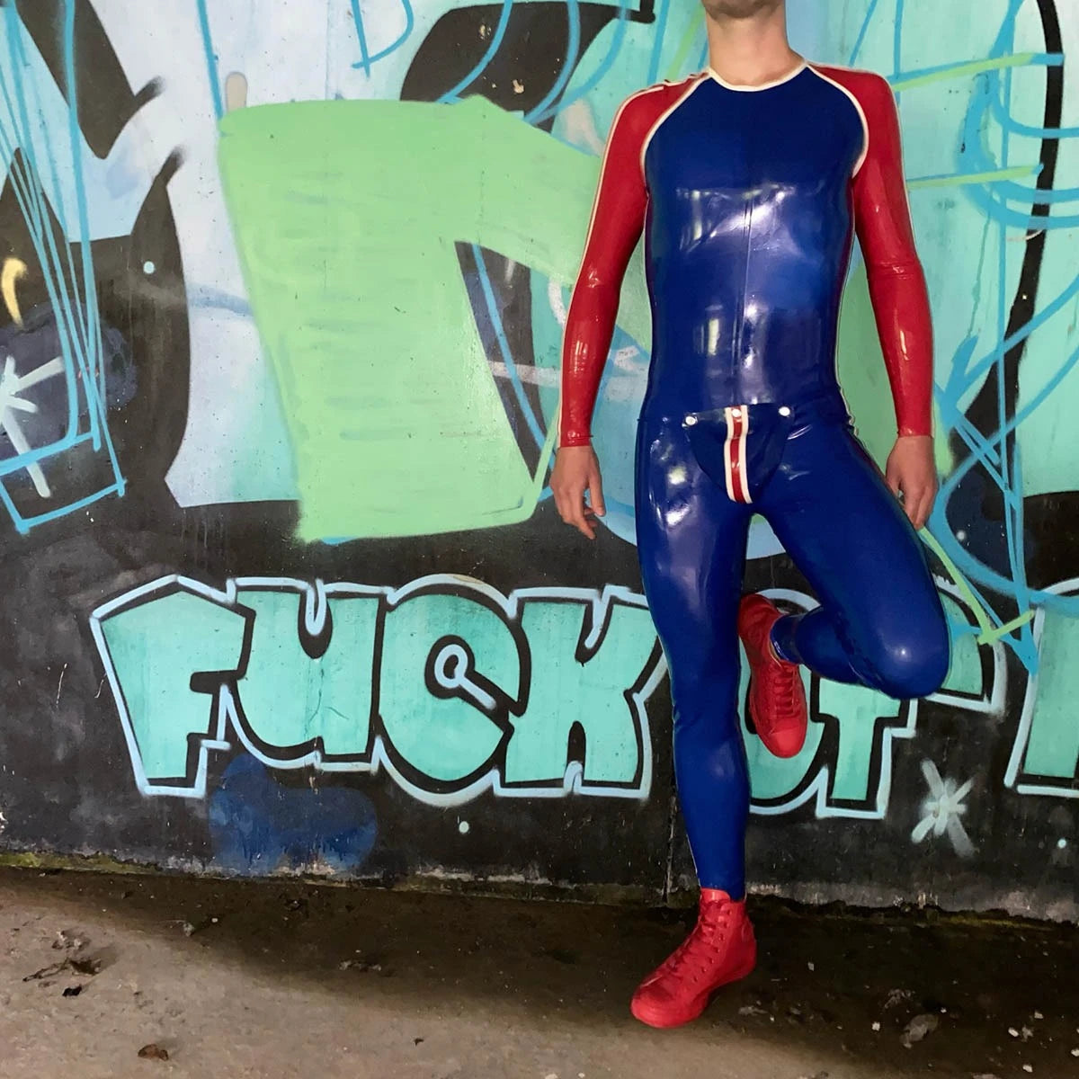 Royal Blue Latex Male 'Sportsman' Round Neck With Codpiece
