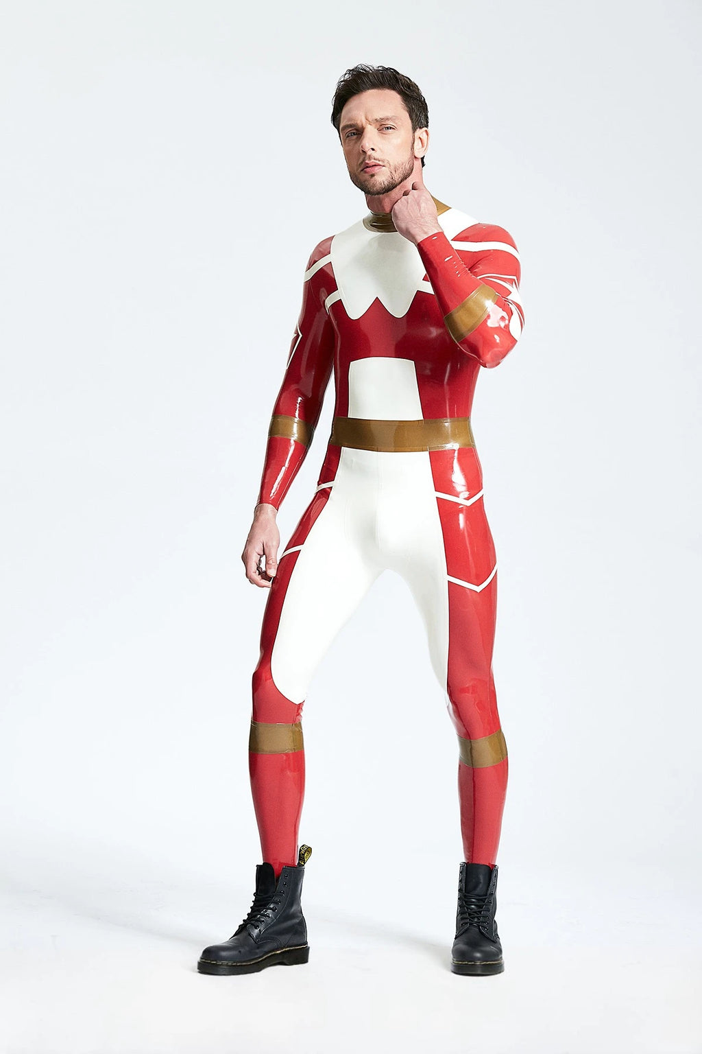 Red Male 'Starfighter' Back Zip Latex Catsuit