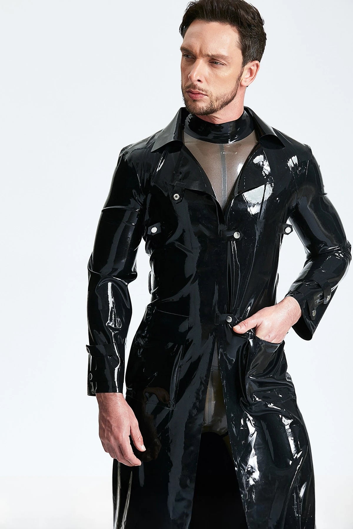 Black Male Three-quarter Length Trench Latex Coat