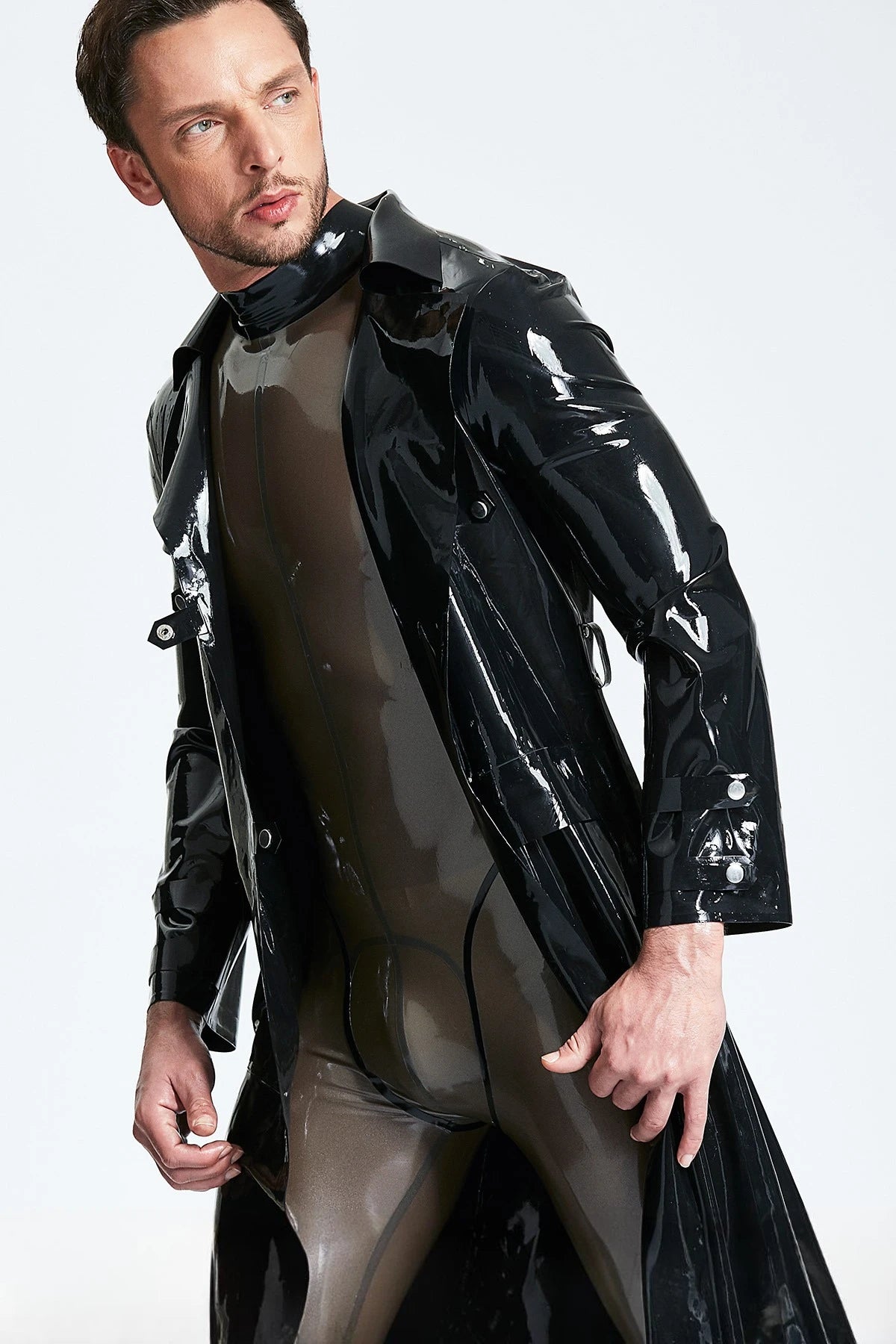 Black Male Three-quarter Length Trench Latex Coat