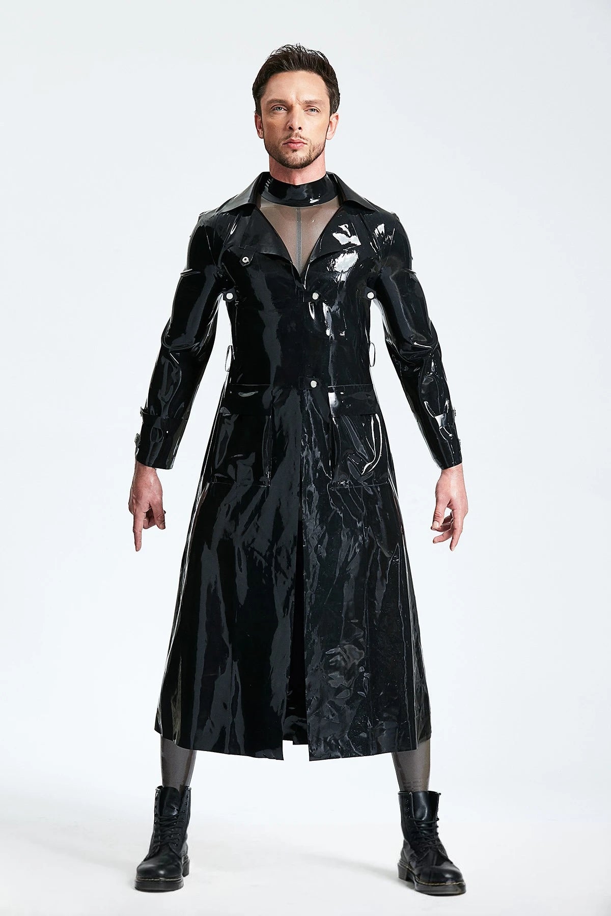 Black Male Three-quarter Length Trench Latex Coat