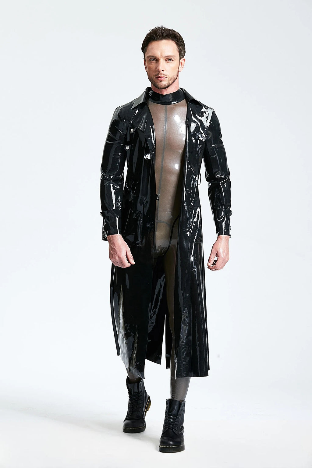 Black Male Three-quarter Length Trench Latex Coat