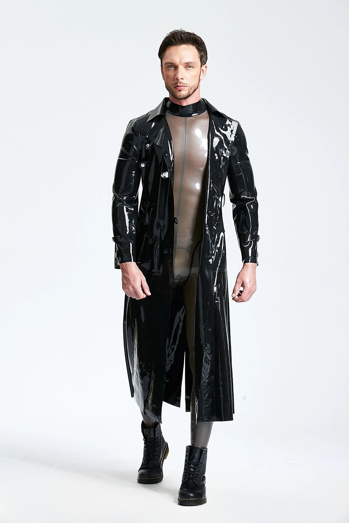 Black Male Three-quarter Length Trench Latex Coat