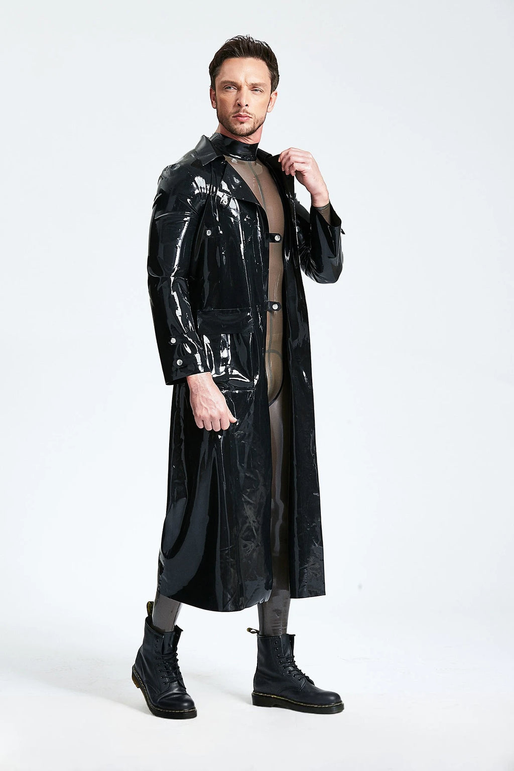 Black Male Three-quarter Length Trench Latex Coat
