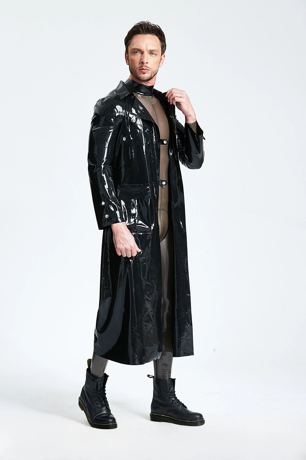 Black Male Three-quarter Length Trench Latex Coat