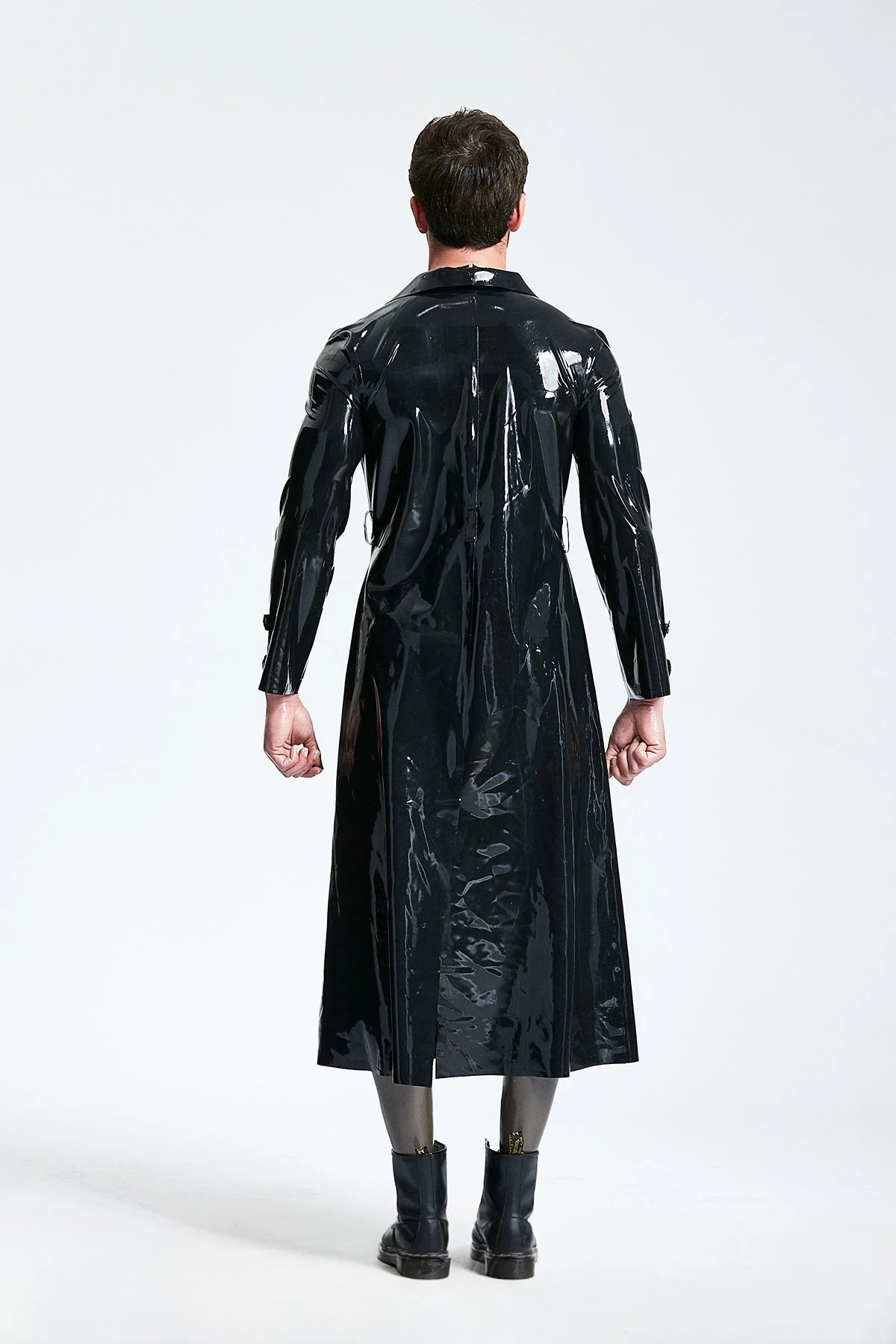 Black Male Three-quarter Length Trench Latex Coat