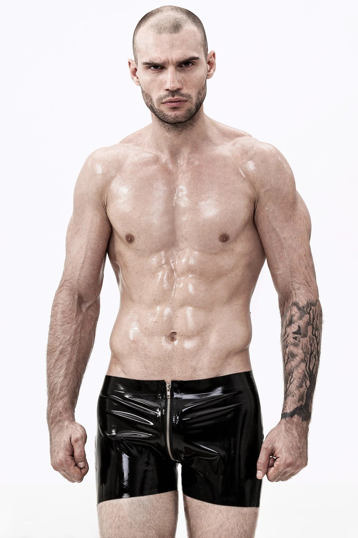 Black Male Latex Through-Zip Short Shorts