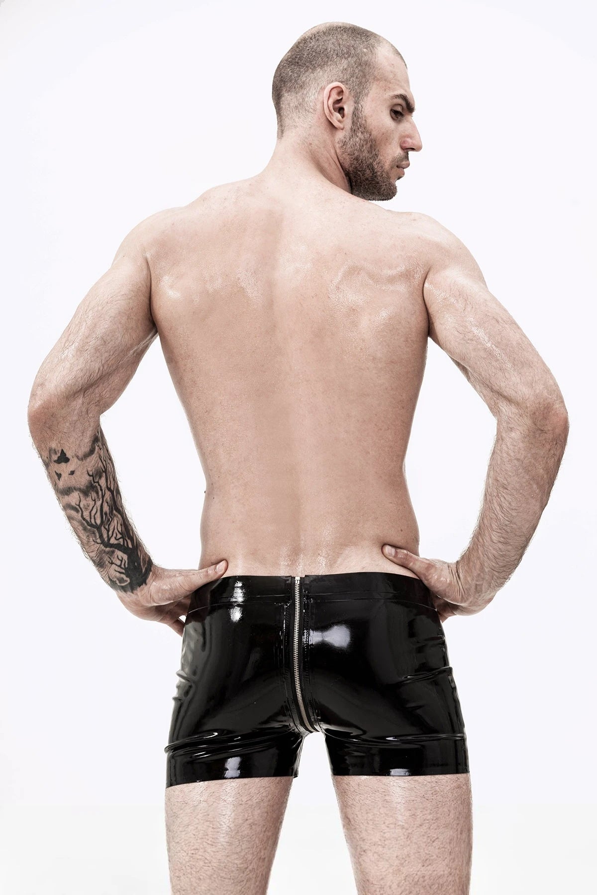 Black Male Latex Through-Zip Short Shorts