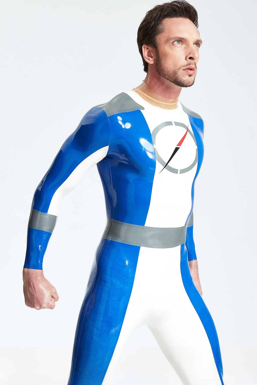 Middle Blue Male 'Time Traveller' Back Zip Latex Catsuit