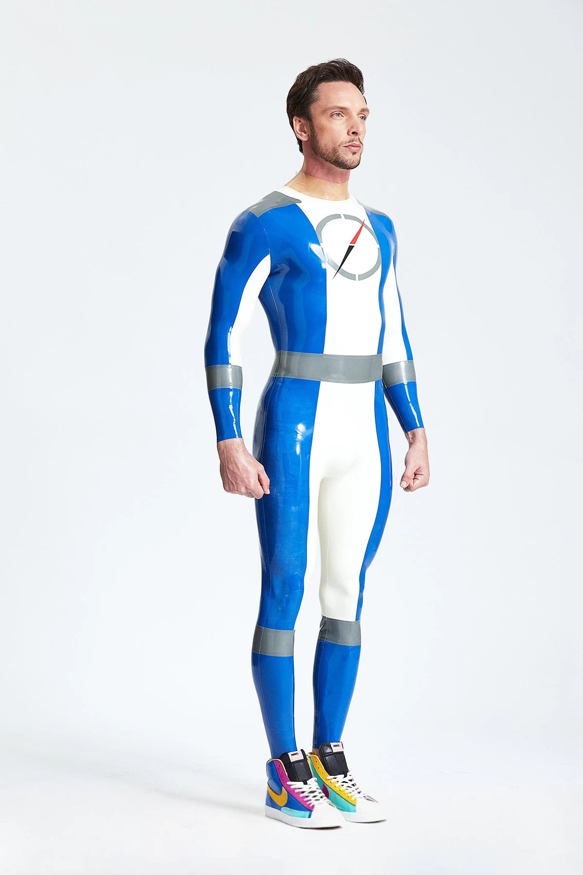 Middle Blue Male 'Time Traveller' Back Zip Latex Catsuit