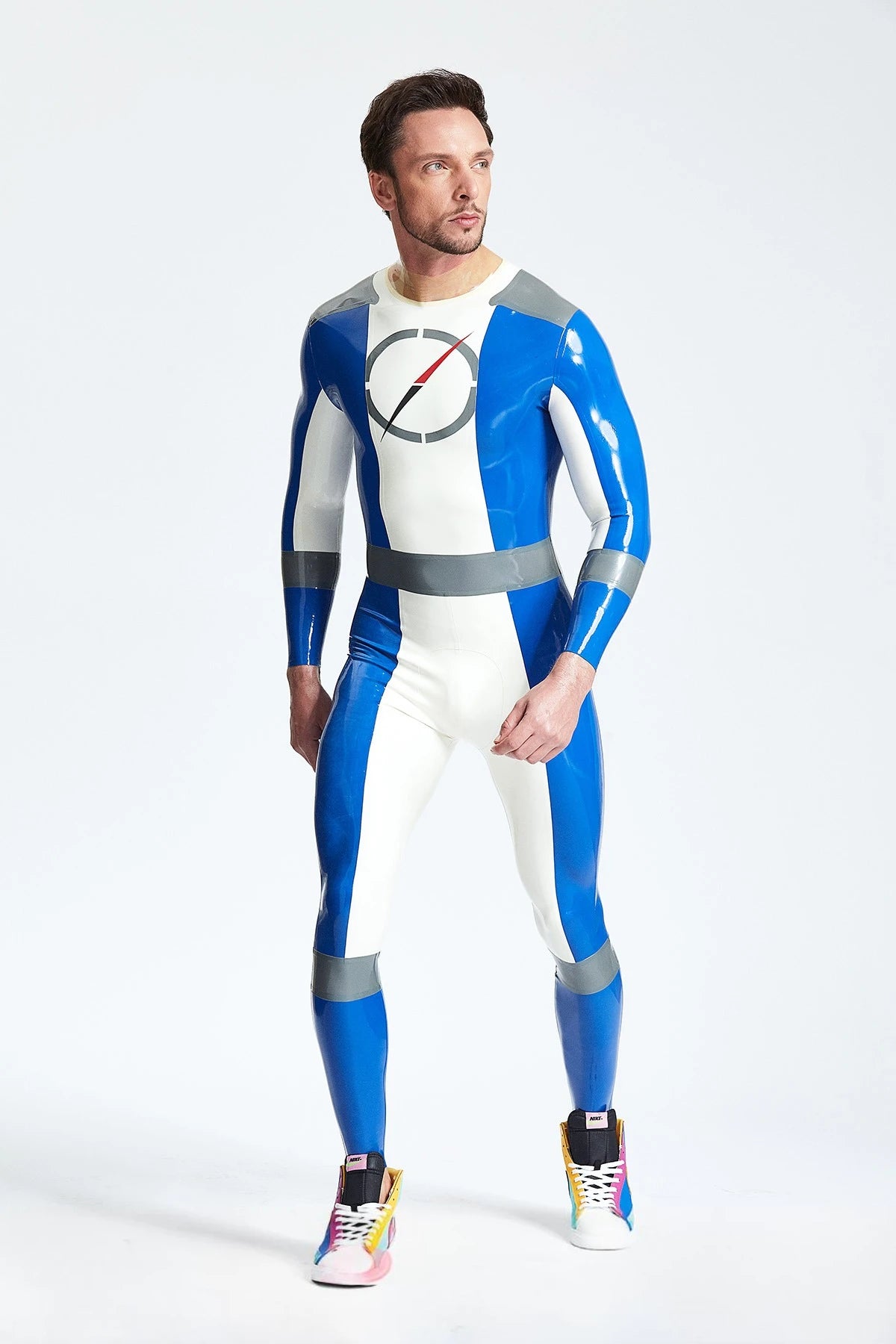 Middle Blue Male 'Time Traveller' Back Zip Latex Catsuit