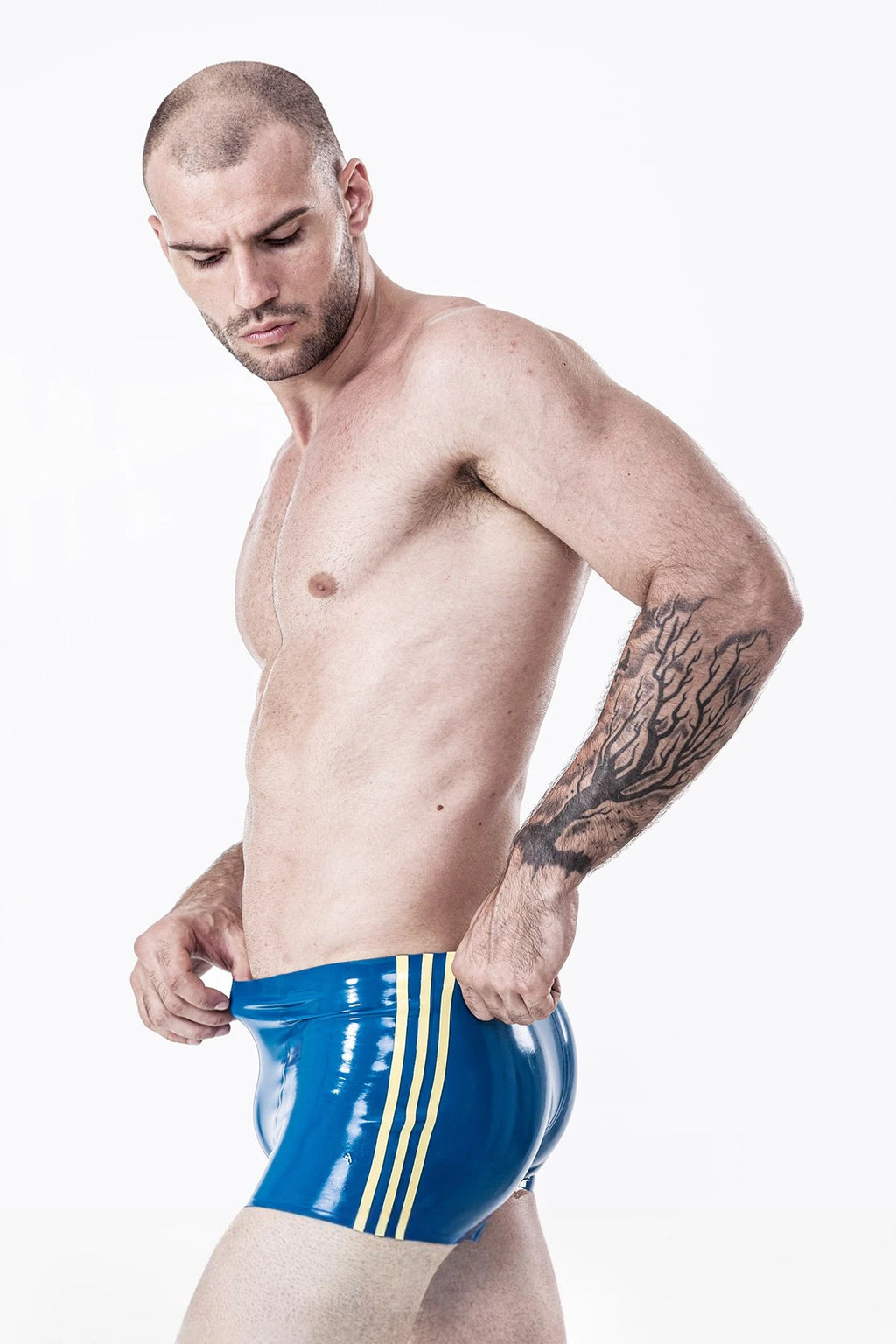 Metallic Blue Male Latex Triple Stripe Swim Trunks