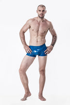 Metallic Blue Male Latex Triple Stripe Swim Trunks