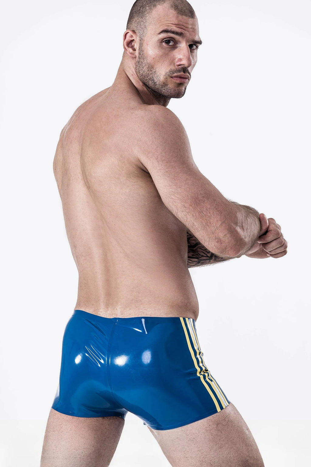 Metallic Blue Male Latex Triple Stripe Swim Trunks