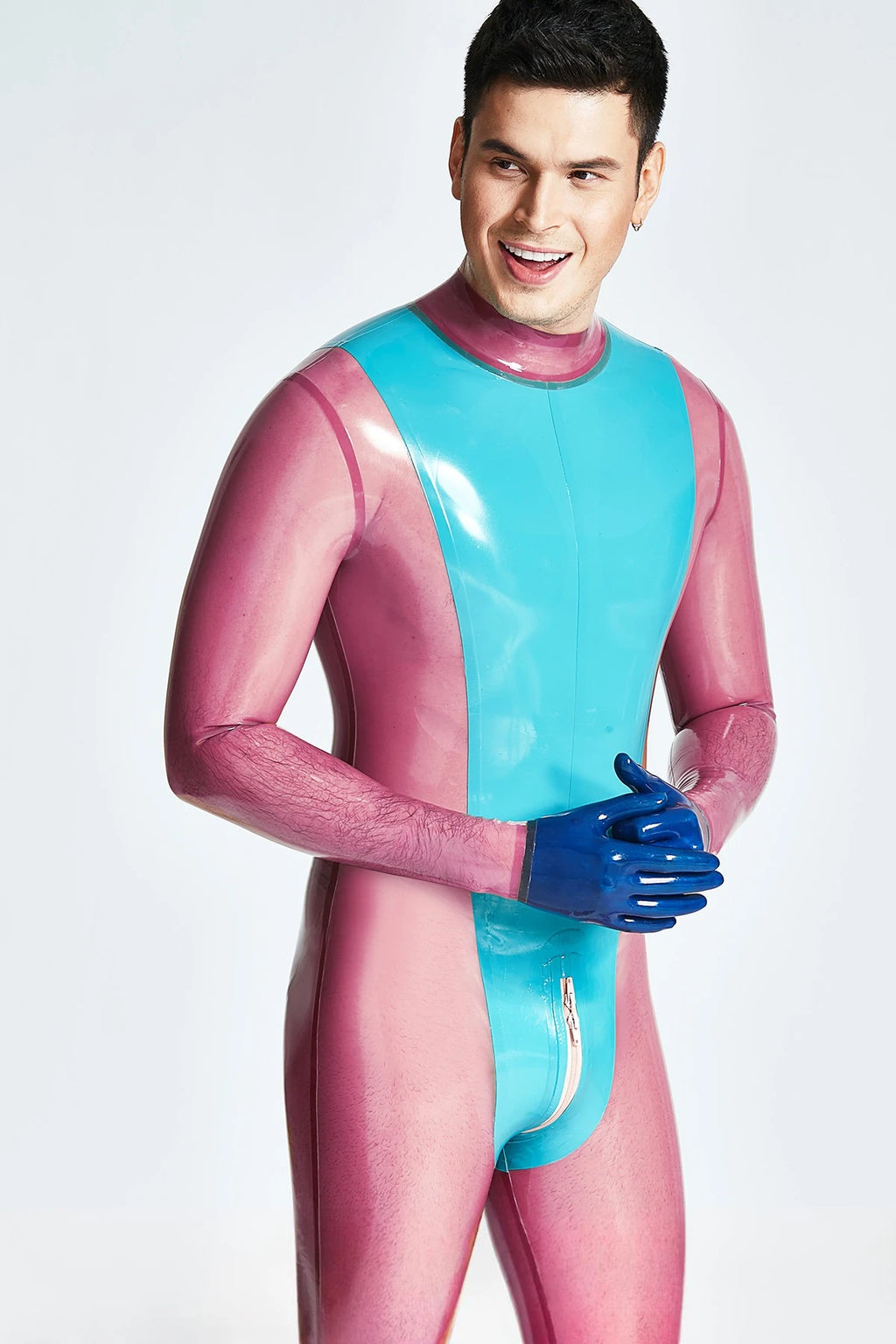 Light Blue Male 'Vulcan' Neck Entry Latex Catsuit With Feet &amp; Gloves