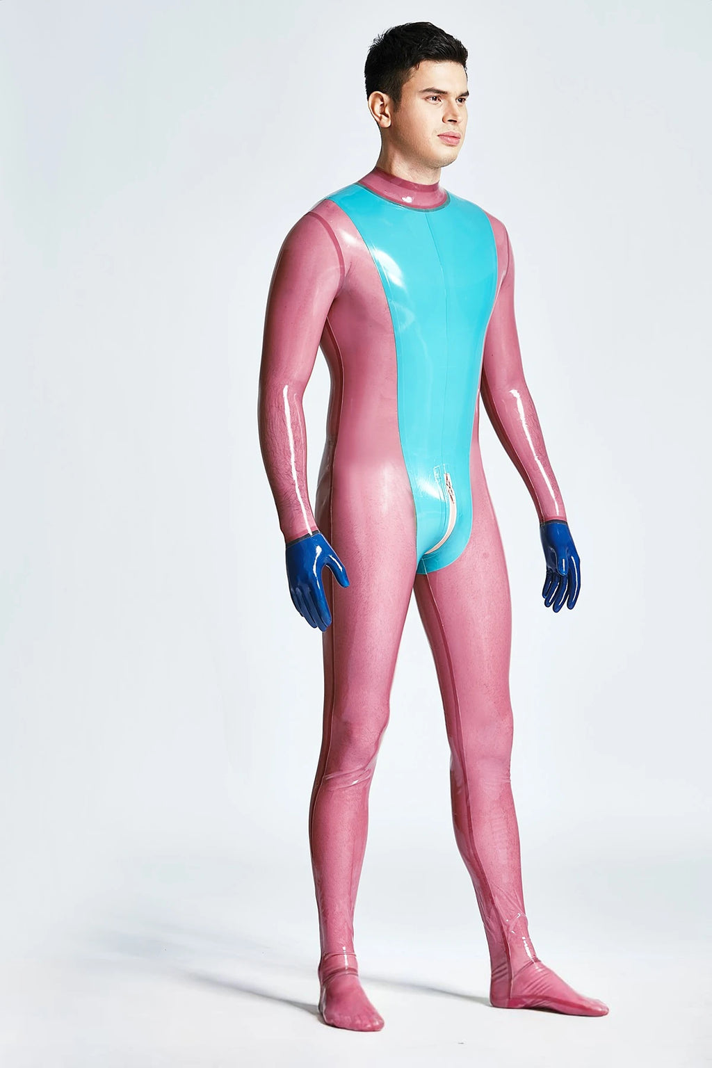 Light Blue Male 'Vulcan' Neck Entry Latex Catsuit With Feet &amp; Gloves