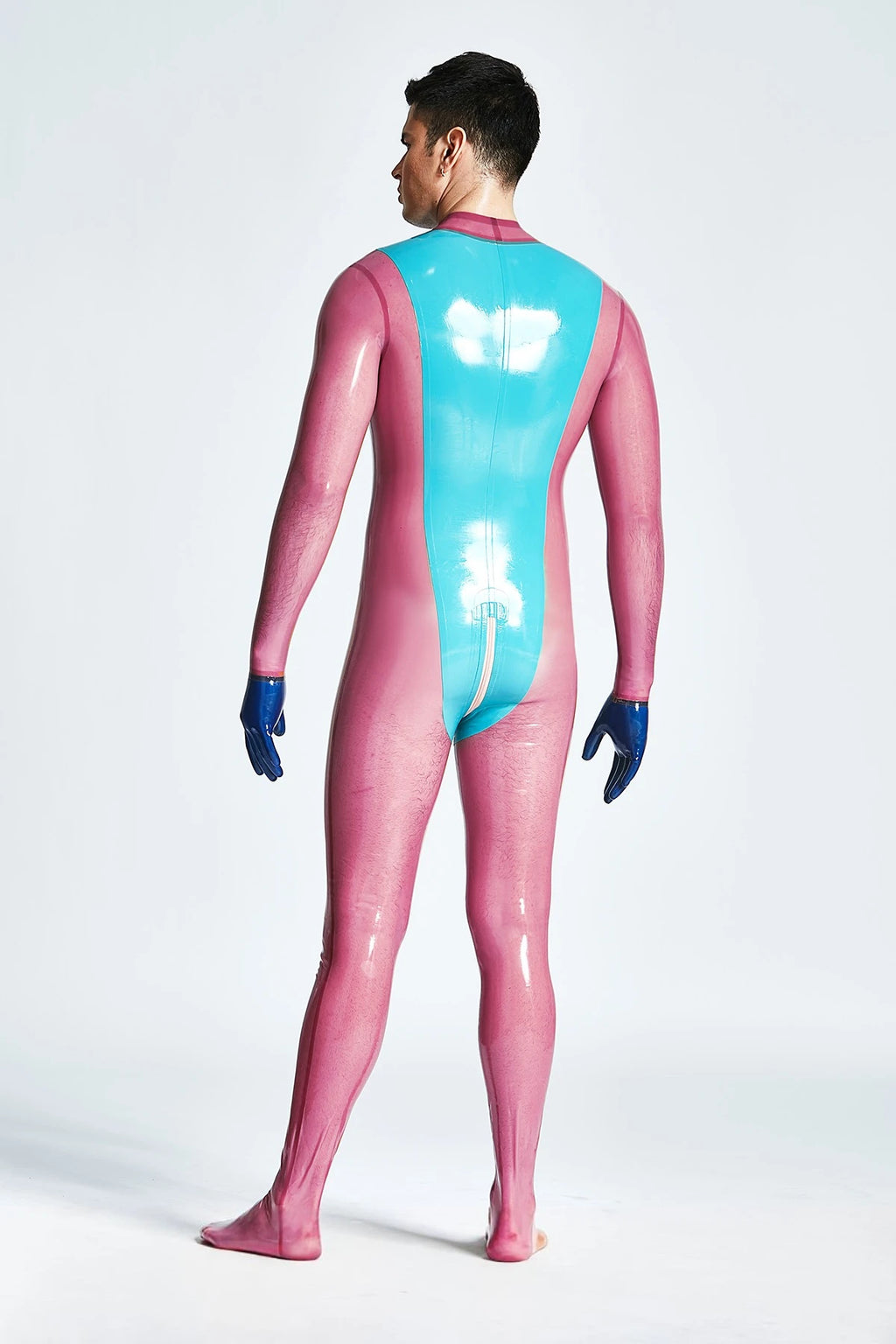Light Blue Male 'Vulcan' Neck Entry Latex Catsuit With Feet &amp; Gloves