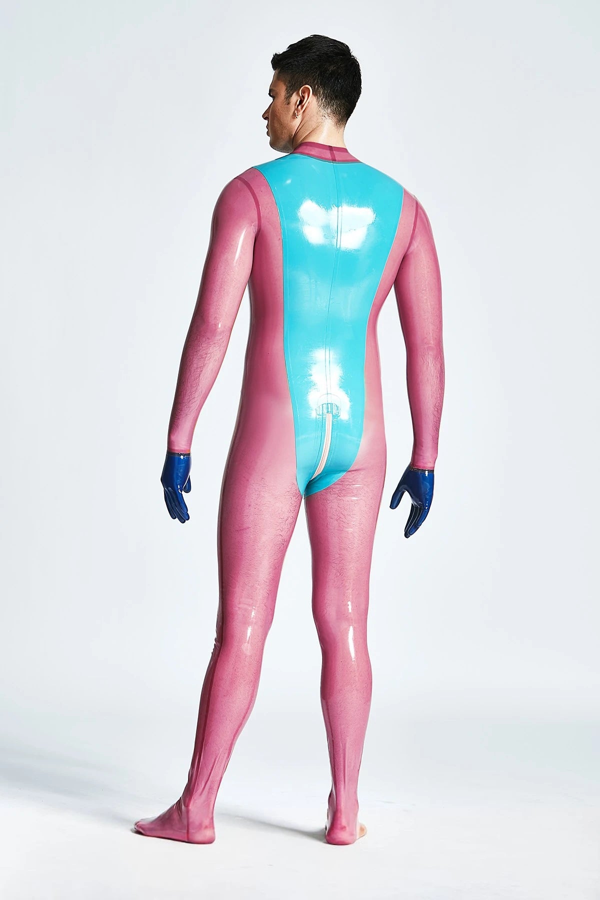 Light Blue Male 'Vulcan' Neck Entry Latex Catsuit With Feet &amp; Gloves
