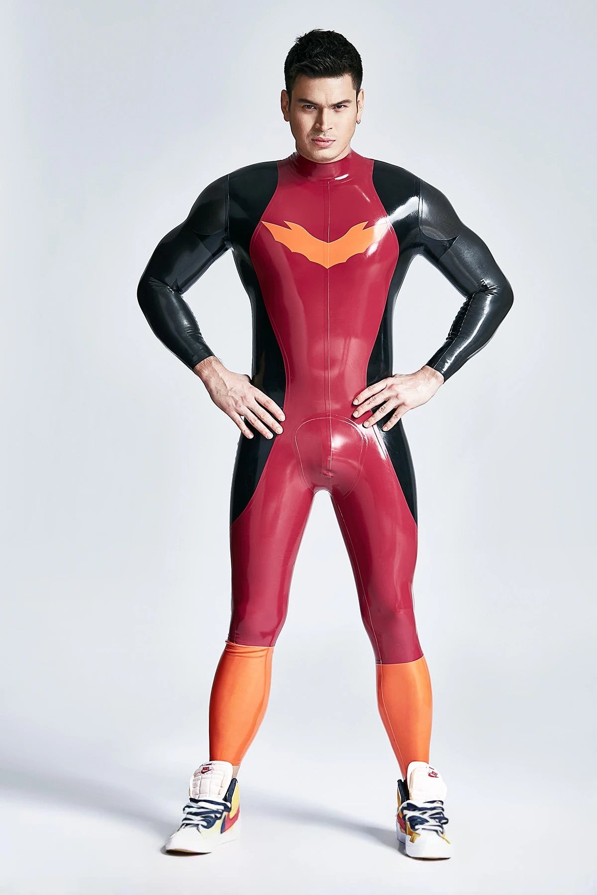 Metallic Red Male Winged-Chest Back Zip Latex Catsuit