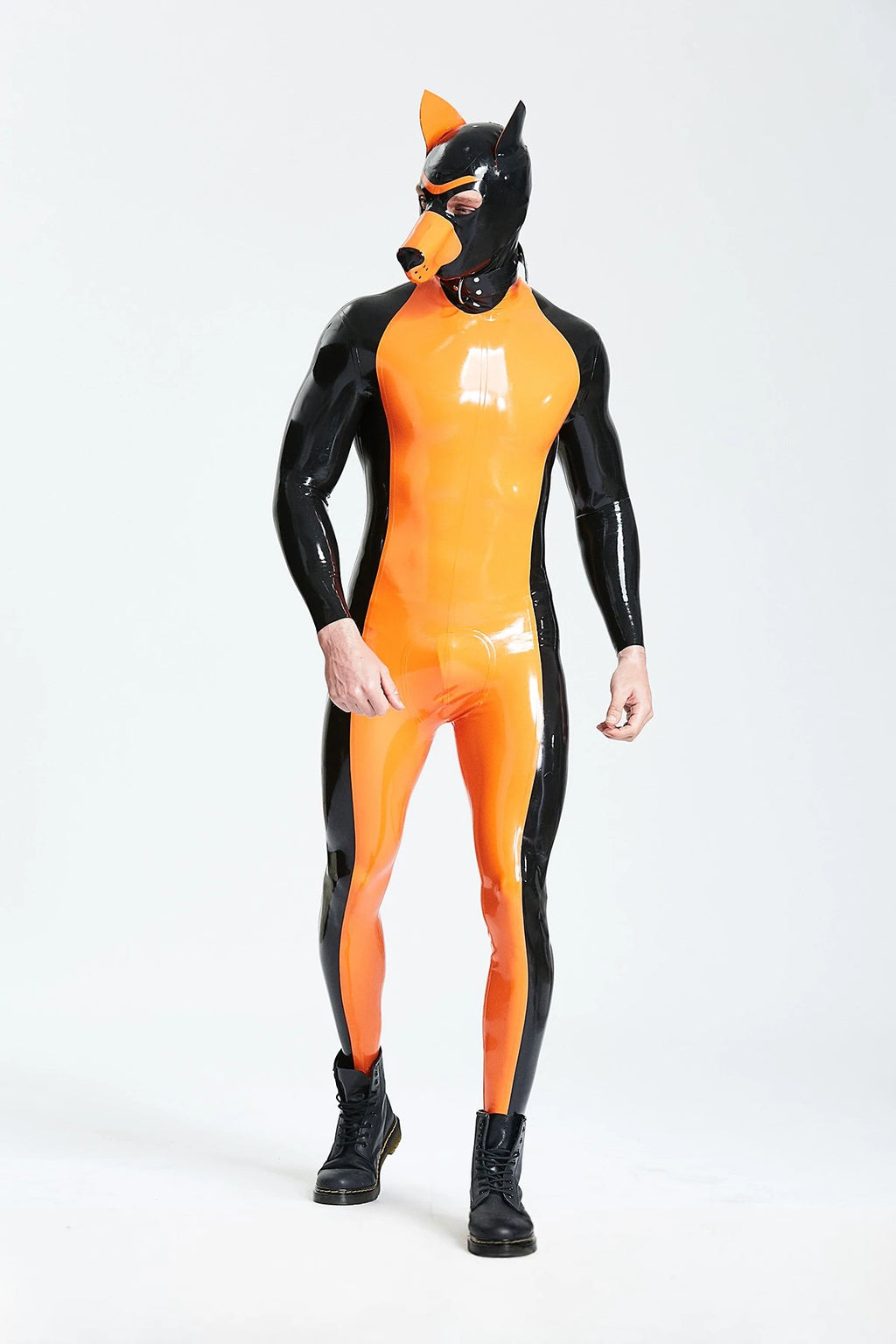 Orange Male 'Yuppy Puppy' Latex Catsuit