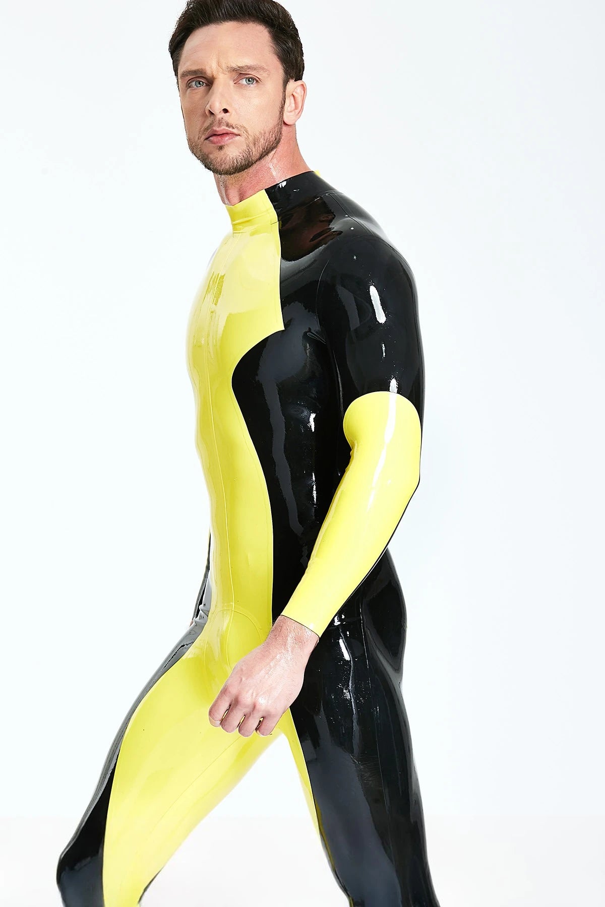 Yellow Male 'Zig-Zag' Latex Catsuit