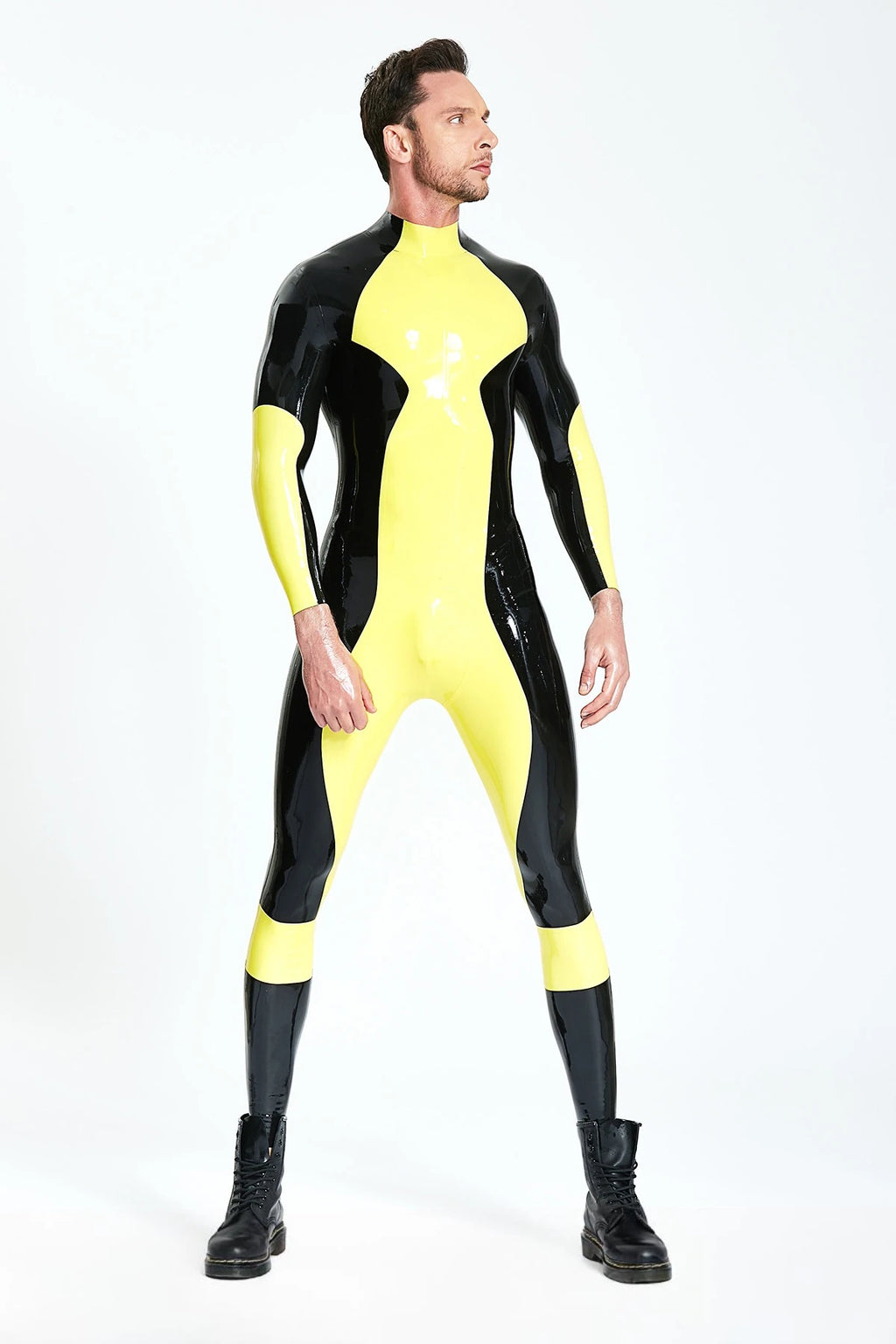 Yellow Male 'Zig-Zag' Latex Catsuit