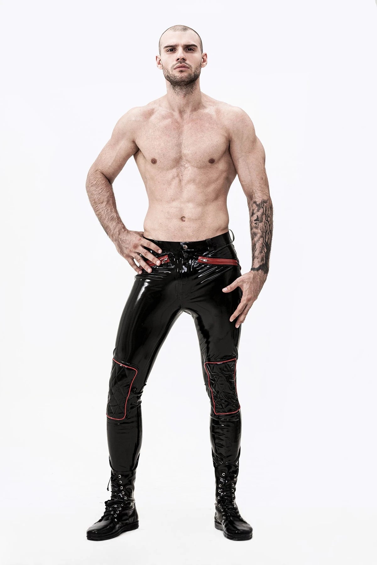 Black Male Latex Zip-Pocketed Jeans With Padded Knees