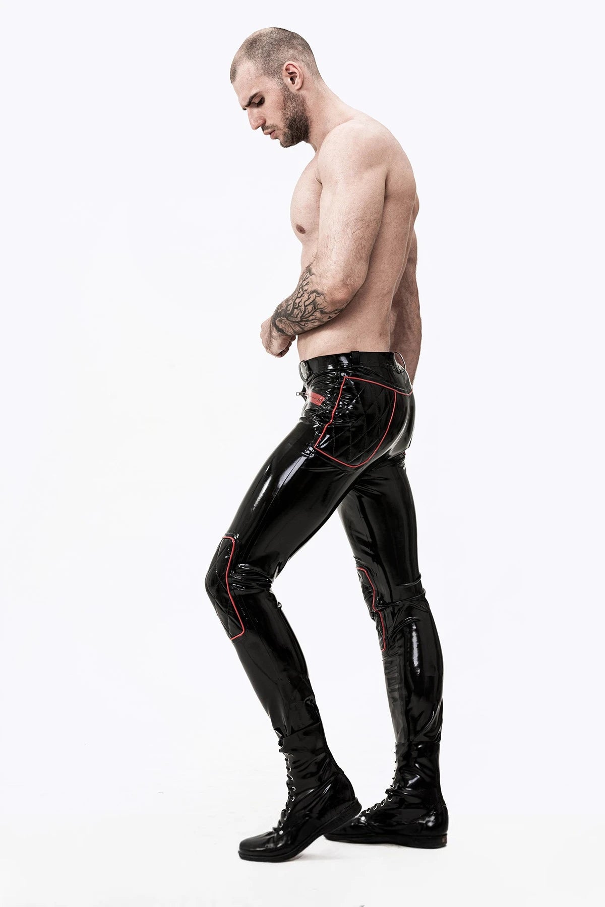 Black Male Latex Zip-Pocketed Jeans With Padded Knees