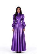 Metallic Purple High-Collar Latex Gown with Long Puffed Sleeves