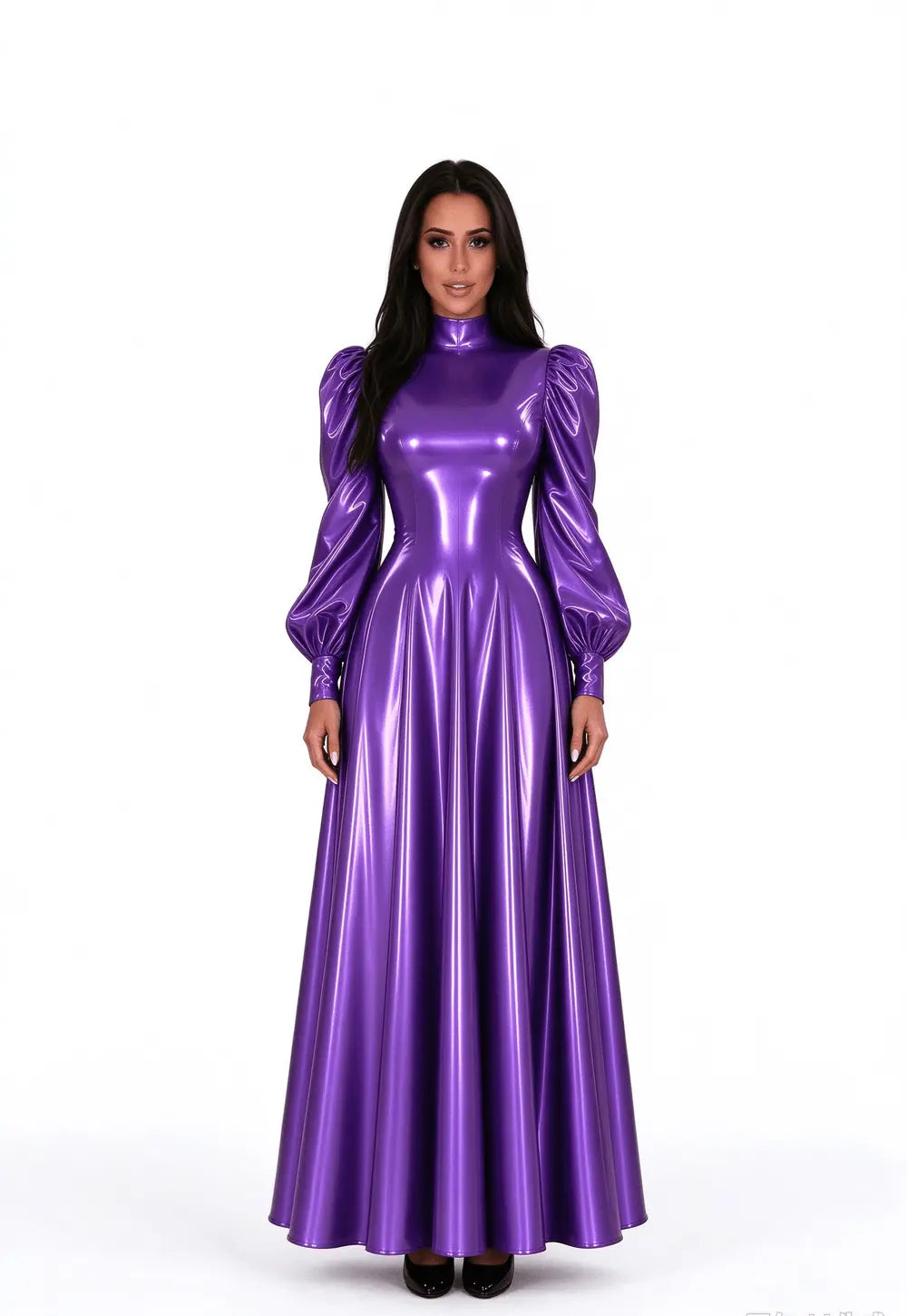 Metallic Purple High-Collar Latex Gown with Long Puffed Sleeves