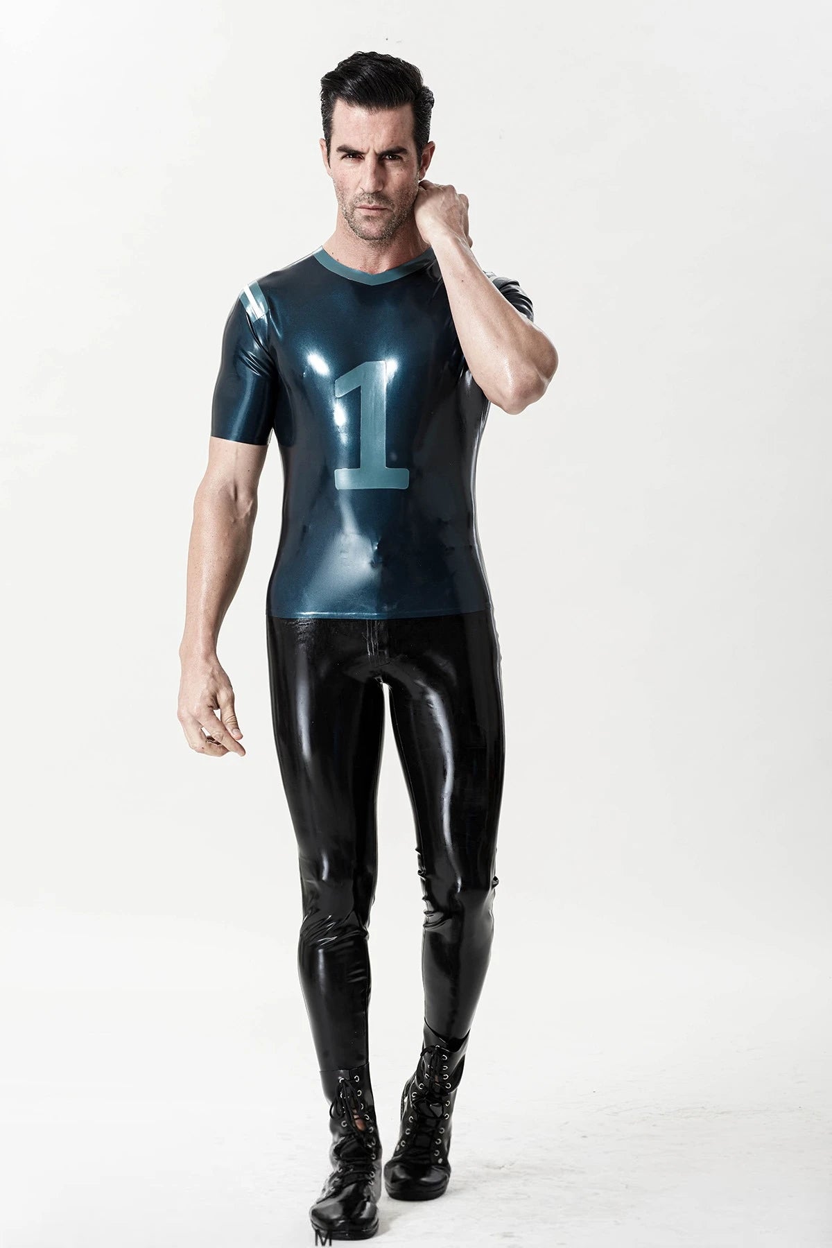 Metallic Black Male 'No. 1' Sports Team Latex T-Shirt