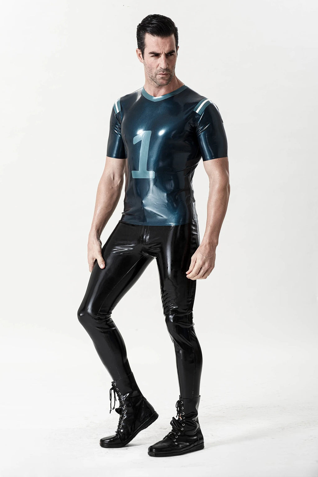 Metallic Black Male 'No. 1' Sports Team Latex T-Shirt