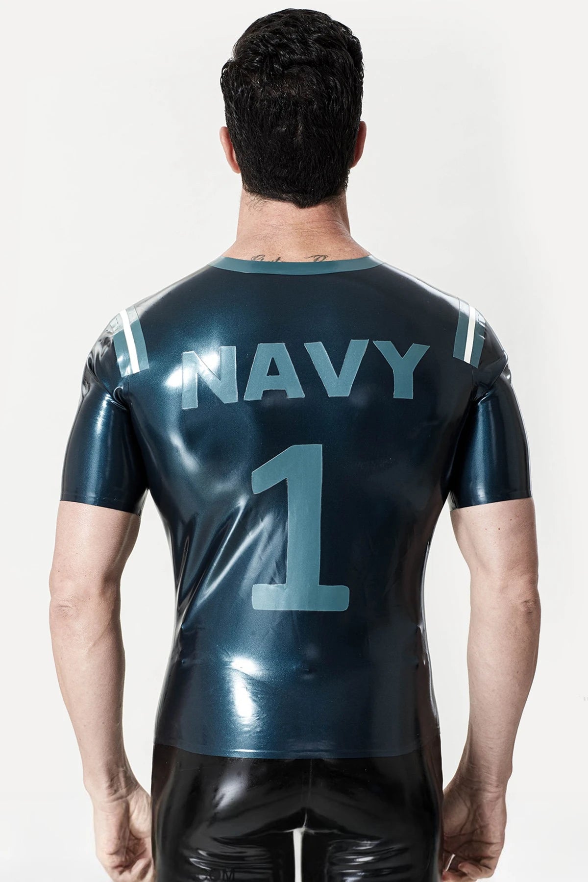 Metallic Black Male 'No. 1' Sports Team Latex T-Shirt
