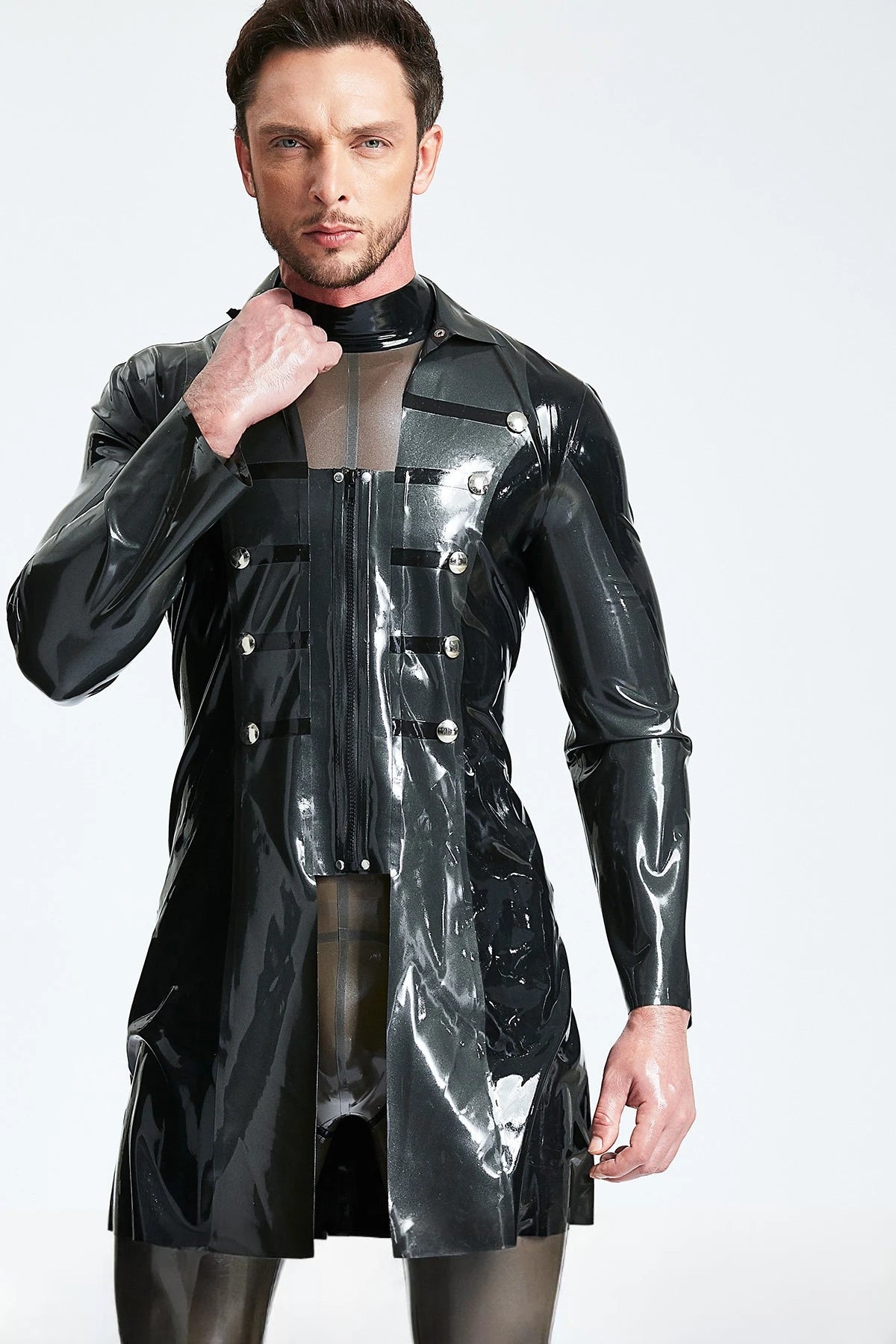 Metallic Black Male Latex Military Short Coat