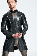 Metallic Black Male Latex Military Short Coat