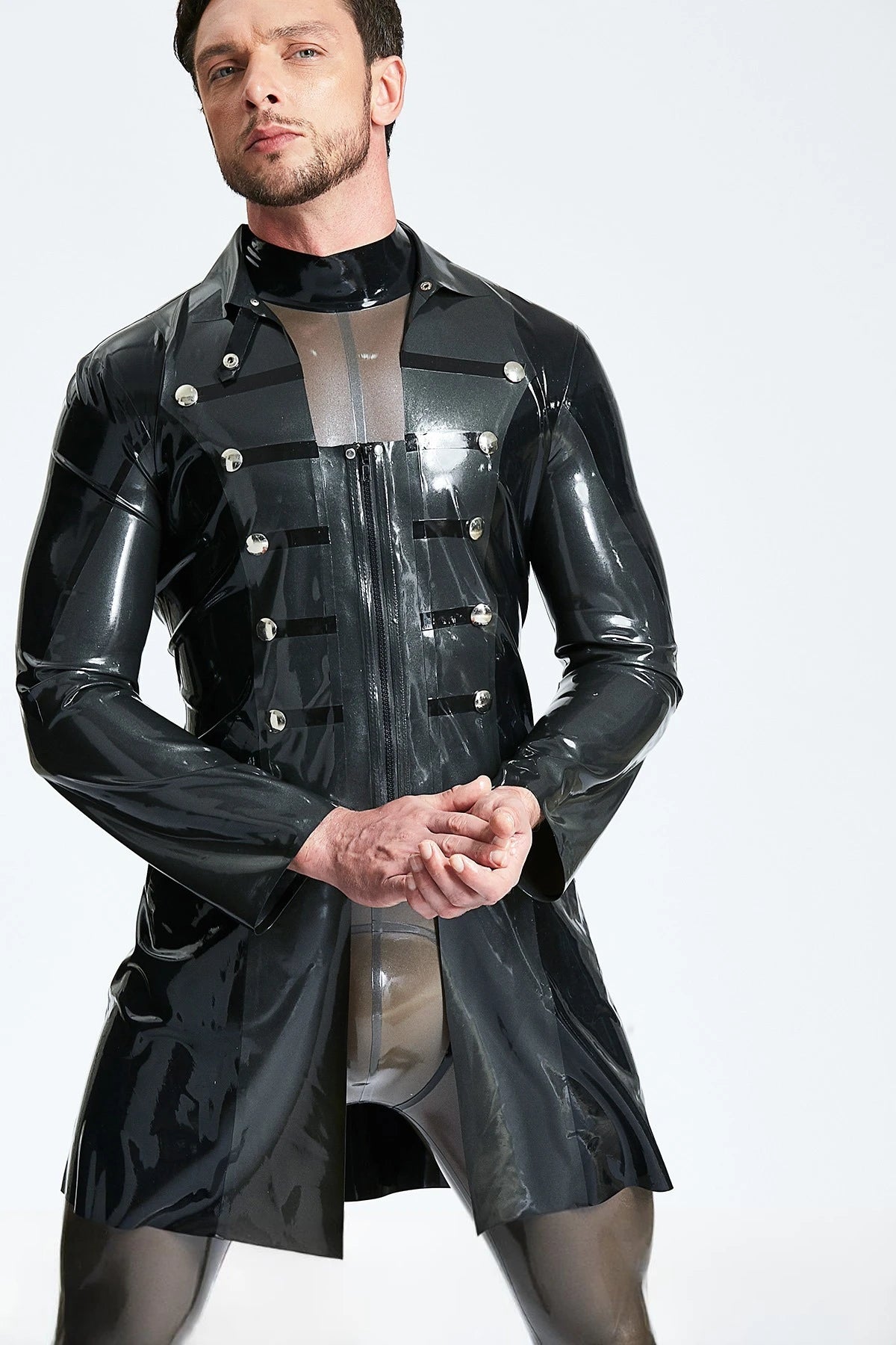 Metallic Black Male Latex Military Short Coat