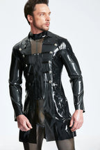 Metallic Black Male Latex Military Short Coat